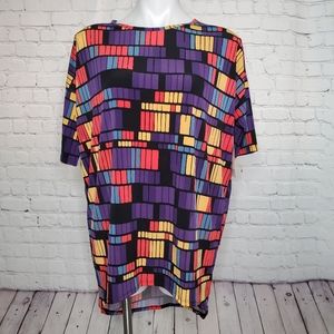LuLaRoe Irma Tunic Top With Geometric Black Purple Red Yellow Blocks Size XS